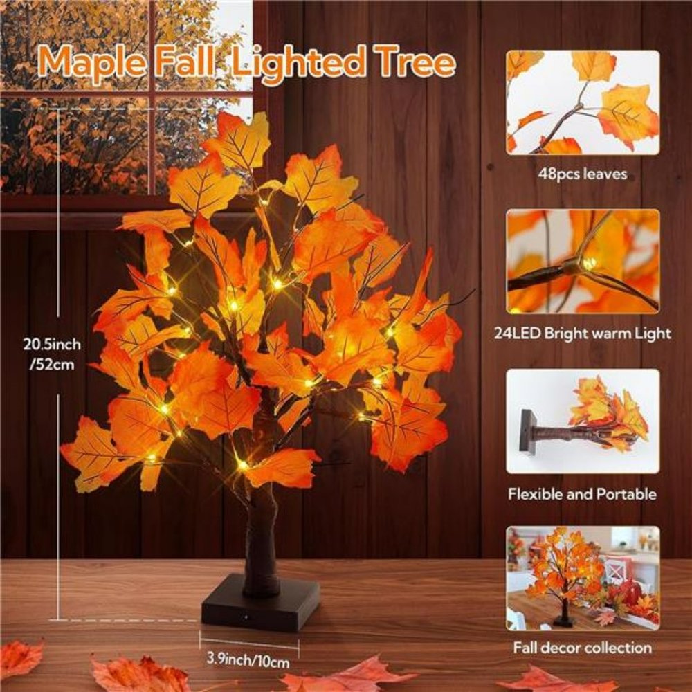24LED Fall Tree Lighted Maple Tree, Maple Leaf Table Tree,Timer Battery Operated - Picture 3 of 6
